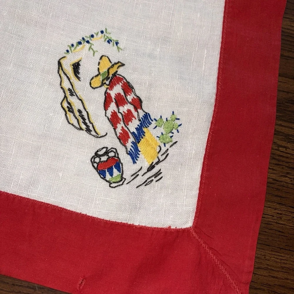 Vintage Mexicana Embroidered Linen Topper Napkin Set Guests Cactus Decor